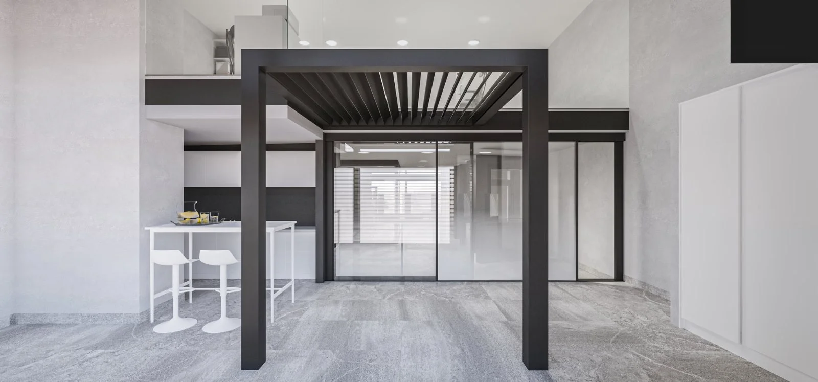 Pérgola bioclimática e sistema de correr no showroom SKLO
