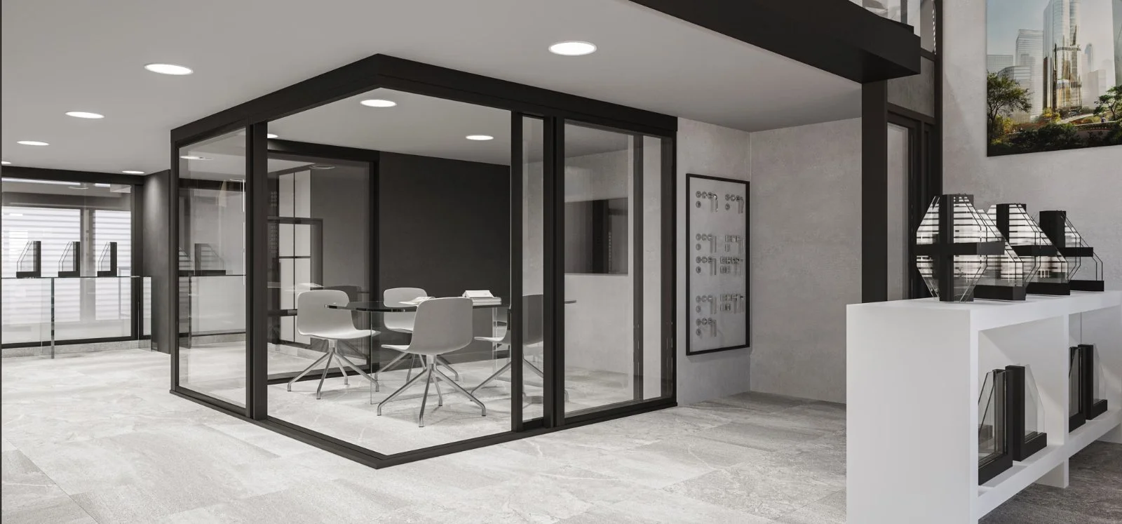 Sala de reuniões e mostra de ferragens no showroom SKLO